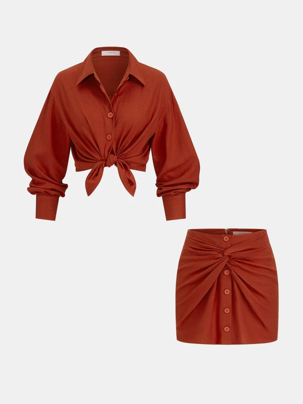 Commense Linen-Blend Knot-Front Shirt & Mini Skirt Set Size M